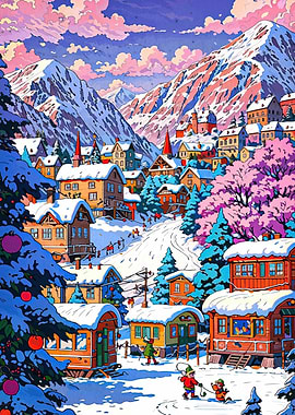 Winter Village in the Mountains