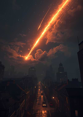 Meteor over Cityscape at Night
