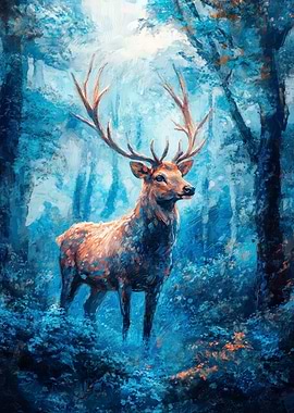 Majestic Deer in Blue Forest Painting