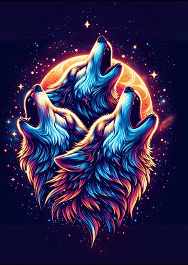 Three Wolves Howling at the Moon