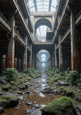 Overgrown Industrial Interior with Water Feature