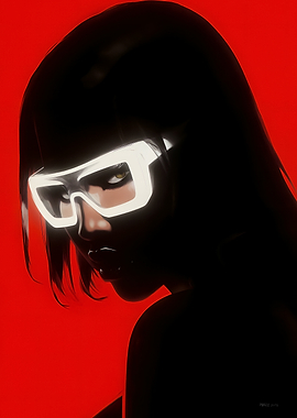 Woman with Glowing Glasses on Red