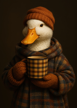 Duck in Winter Outfit with Coffee