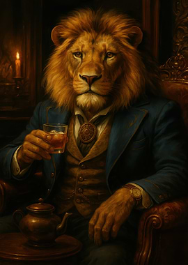 Sophisticated Lion Gentleman with a Drink
