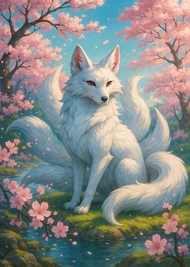 Nine-tailed Fox in Cherry Blossom Garden
