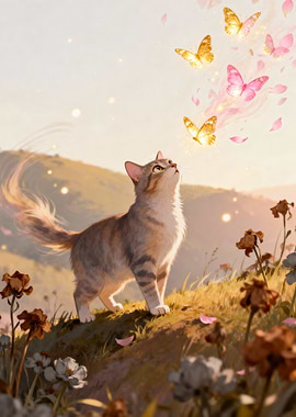Cat Gazing at Butterflies in Meadow