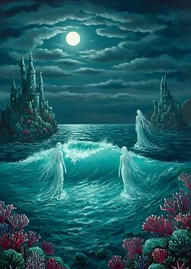 Mystical Ocean Scene with Castle and Figures