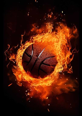 Basketball engulfed in flames on black background