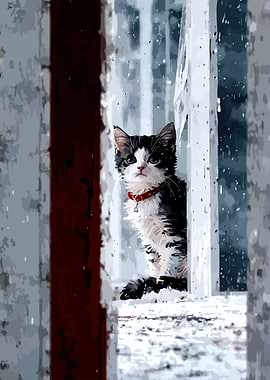 Kitten in Window During Snowfall