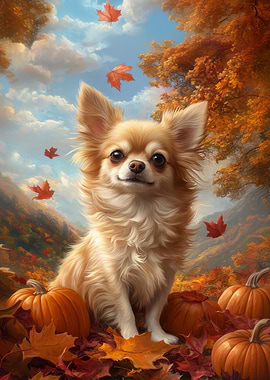 Chihuahua in Autumn Landscape with Pumpkins | Fall Dog Print