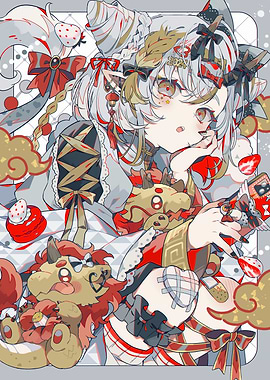 Anime Girl with Plushies and Sweets