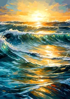 Ocean Waves at Sunset Painting