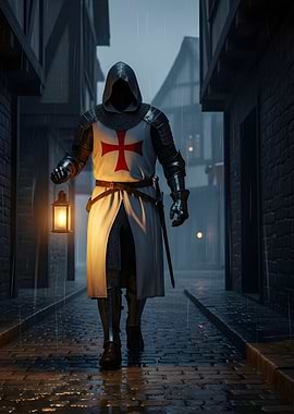 Templar Knight in Rainy Medieval Street