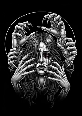 Distressed Woman Surrounded by Hands