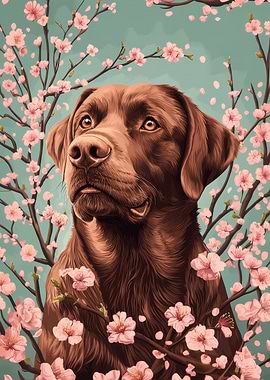 Chocolate Labrador with Cherry Blossoms | Labrador floral wall art