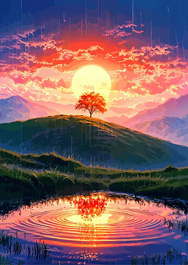 Sunset Landscape with Tree and Lake