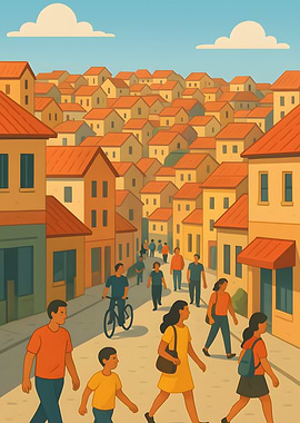 Cartoon Cityscape with People Walking