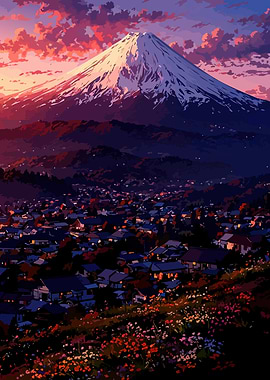 Mount Fuji at Sunset Anime Style