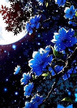 Blue Flowers Under Moonlight