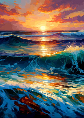 Ocean Waves at Sunset Painting