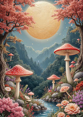 Mushroom Forest with Moonlit River