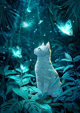 Cat and Butterflies in Teal Forest
