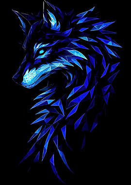 Geometric Blue Wolf Head on Black