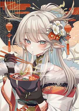 Anime Girl with Antlers Eating Noodles