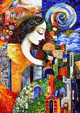 Mosaic Woman and Cityscape Art