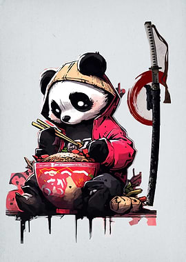 Panda Samurai Eating Ramen Illustration