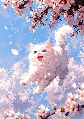 White Cat with Cherry Blossoms