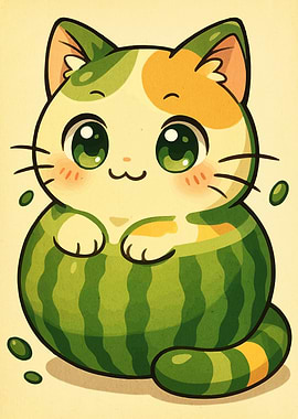 Cute Watermelon Cat Cartoon Illustration