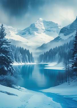 Winter Landscape with Lake and Mountains