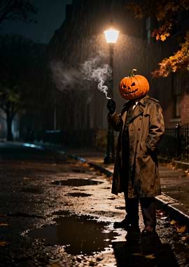 Pumpkin Head Smoker in the Rain
