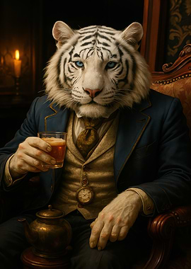 Anthropomorphic Tiger Gentleman Drinking Tea
