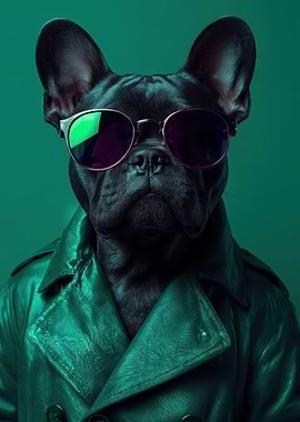 Cool French Bulldog in Green Leather