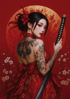 Tattooed Woman with Katana in Red