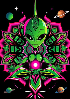 Meditating Alien in Space Mandala