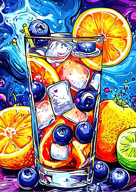 Colorful Fruit Drink with Ice and Berries