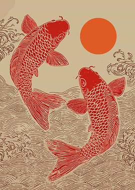 Red Koi Fish with Sun Art