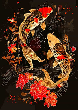 Koi Fish and Floral Arrangement