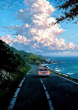 Coastal Road Trip Anime Style