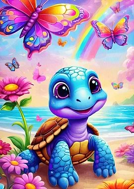 Cute Turtle Butterflies Rainbow