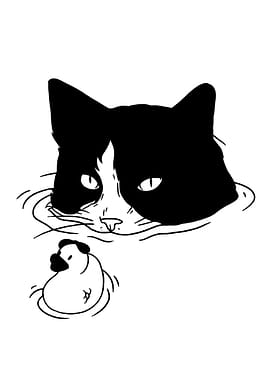 Cat and Duck in Water Illustration