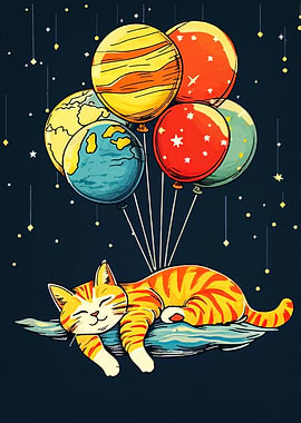 Dreamy Cat with Planet Balloons
