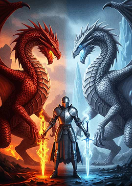 Knight between Fire Ice Dragons