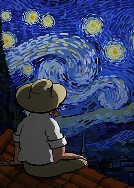 Cartoon Man Gazing at Starry Night