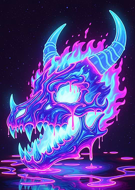 Neon Dragon Skull with Flames