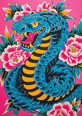 Blue Snake and Pink Flowers Art