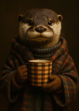 Otter with Mug in Plaid Coat